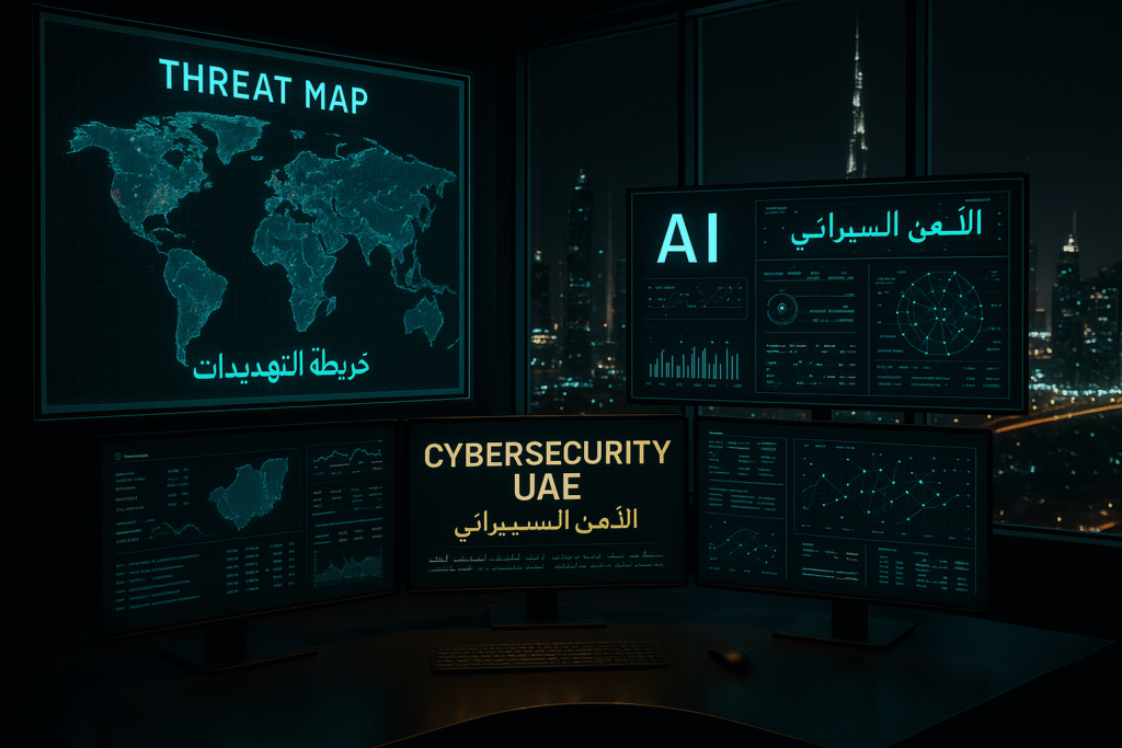 UAE cybersecurity AI 2025 operations room with Dubai skyline and holographic threat maps