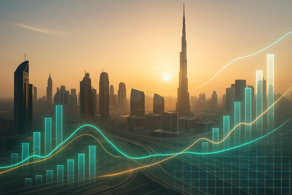 UAE economic growth 2025 chart with Dubai skyline and financial data visualization