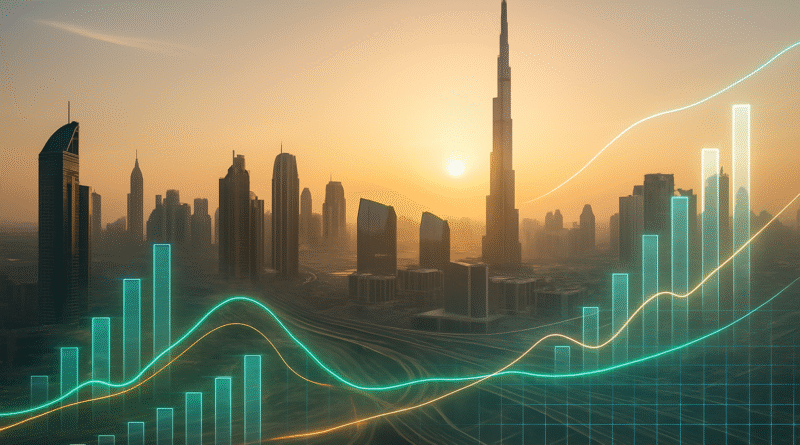 UAE economic growth 2025 chart with Dubai skyline and financial data visualization