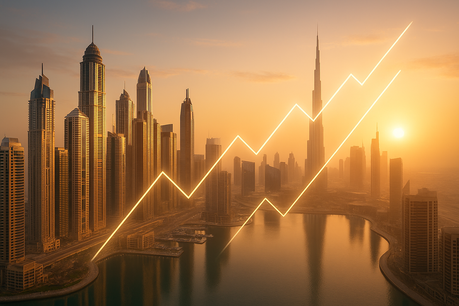مشهد واقعي لمدينة دبي 2025 مع أبراج دبي مارينا ووسط المدينة يعبّر عن نمو سوق العقارات في الإمارات